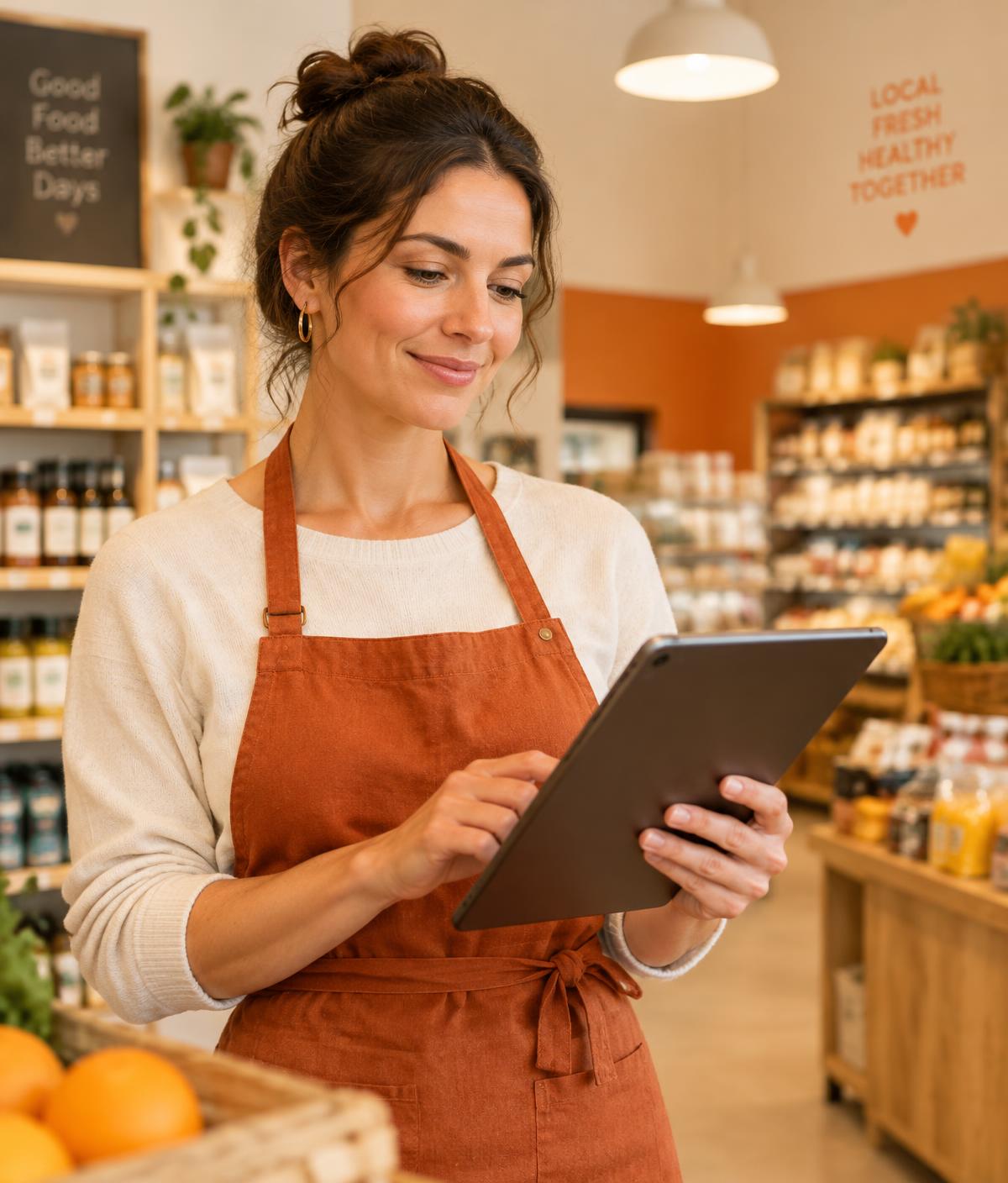 Store owner managing her store with Alwon OS on a tablet